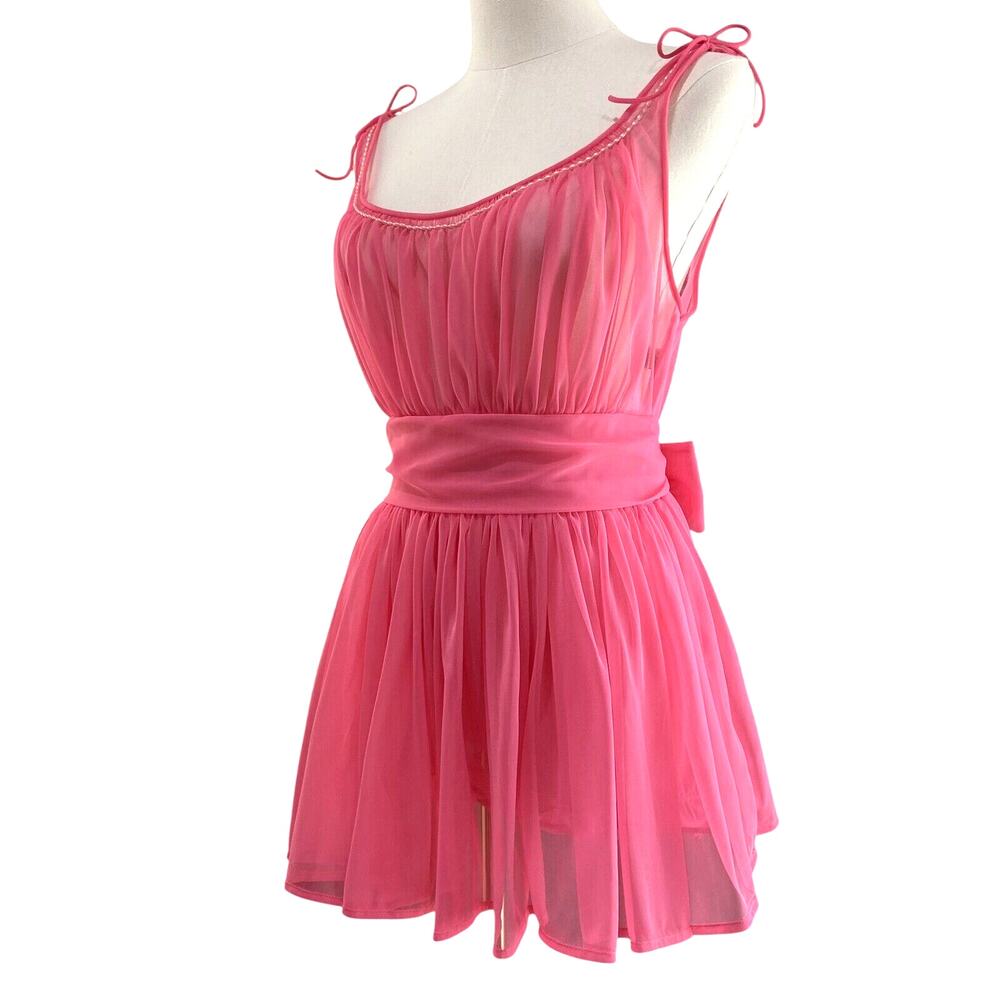 Vintage 50s Bubblegum Pink Nylon Chiffon Pearl Trim Babydoll Nightie Set Size M - Picture 4 of 16